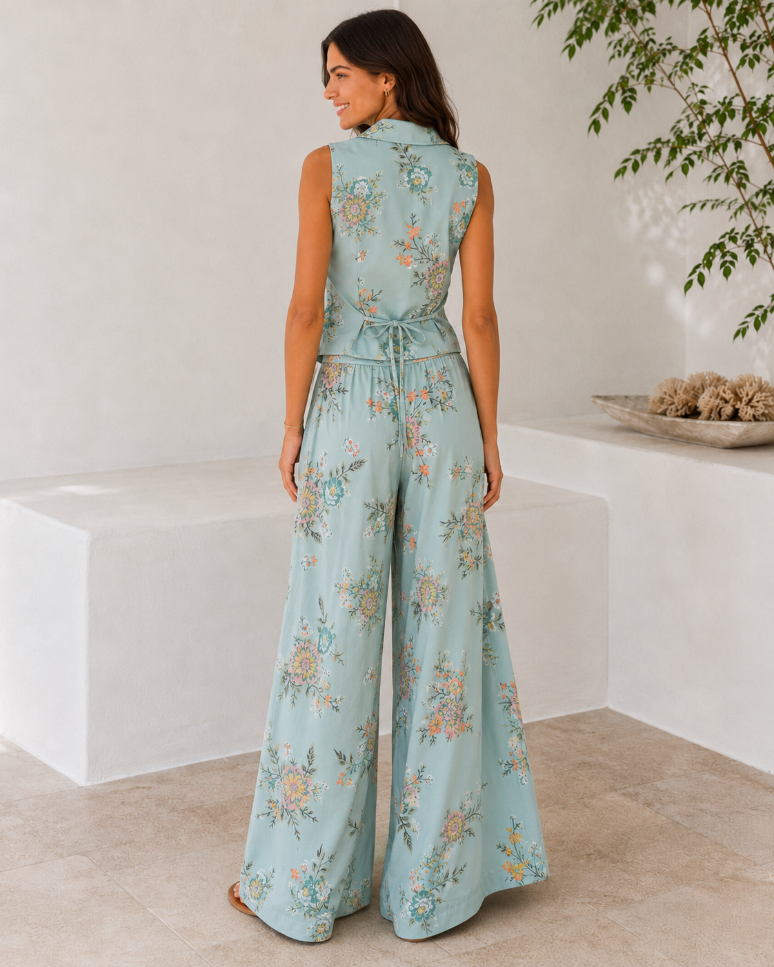 Floral Πράσινο Σετ Γιλέκο με Δέσιμο Πίσω και Αέρινη Παντελόνα - Image 2
