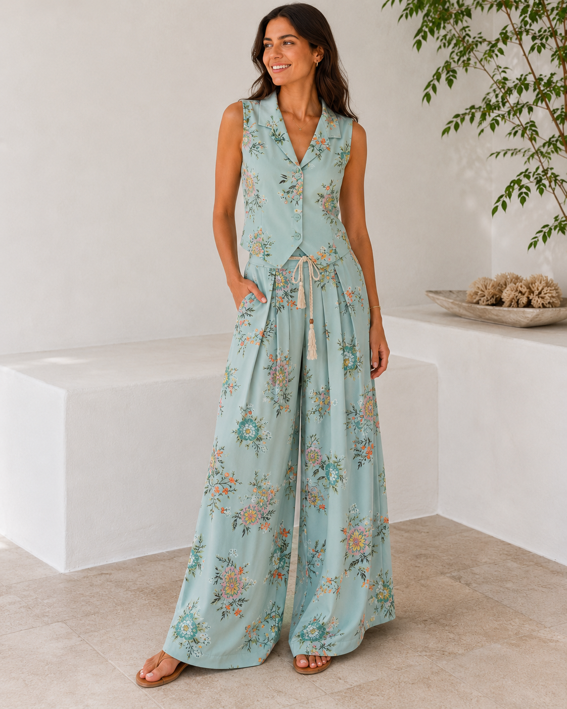 Floral Πράσινο Σετ Γιλέκο με Δέσιμο Πίσω και Αέρινη Παντελόνα