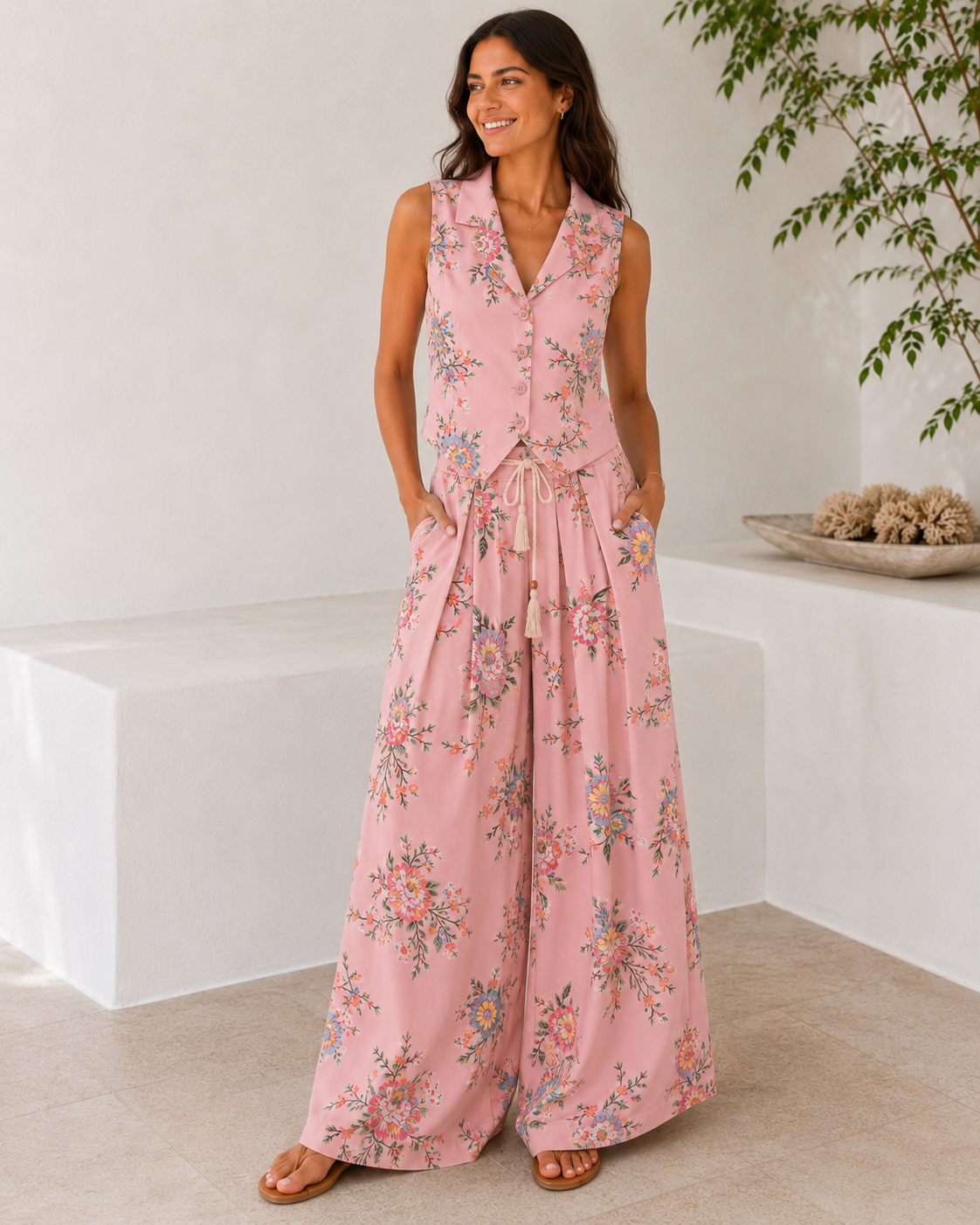 Floral Ροζ Σετ Γιλέκο με Δέσιμο Πίσω και Αέρινη Παντελόνα