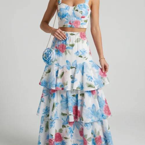 Σετ Γαλάζιο Floral Crop Top & Mάξι Φούστα με Τσαντάκι