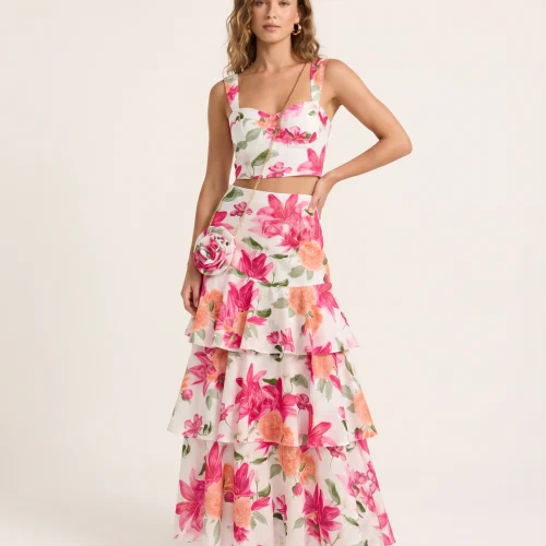 Σετ Φούξια Floral Crop Tοπ & Mάξι Φούστα με Τσαντάκι