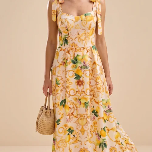Φόρεμα Μaxi Κίτρινο με Lemon Print
