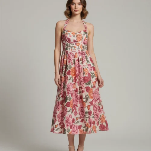 Φόρεμα Floral Ροζ Midi με Ενίσχυση στο Μπούστο