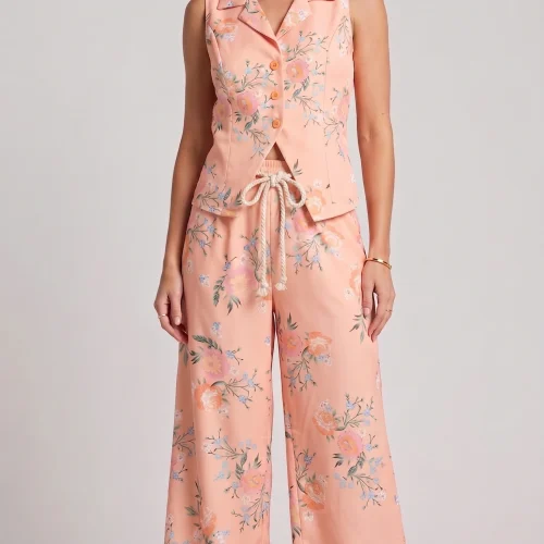 Floral Κοραλί Σετ Γιλέκο με Δέσιμο Πίσω και Αέρινη Παντελόνα