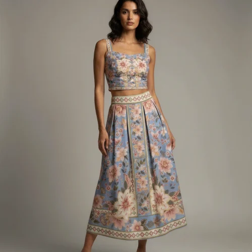 Σετ Γαλάζιο Crop Τop και Mάξι Φούστα με Floral Σχέδιο