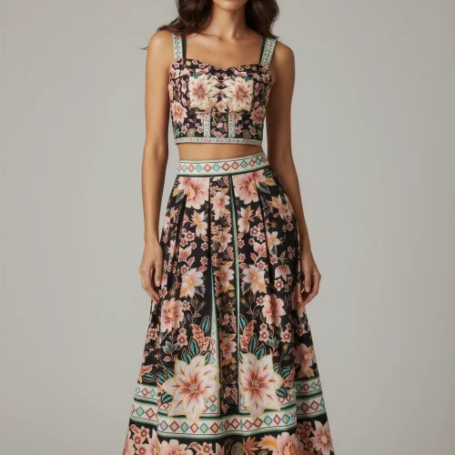 Σετ Μαύρο Crop Τop και Mάξι Φούστα με Floral Σχέδιο