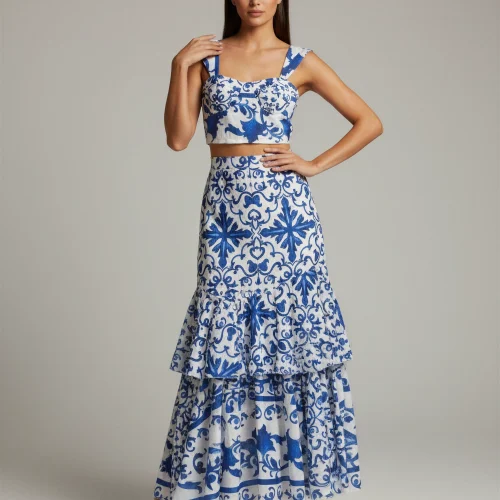 Σετ Μπλε Crop Top & Μάξι Φούστα με Βολάν και Baroque Σχέδιο