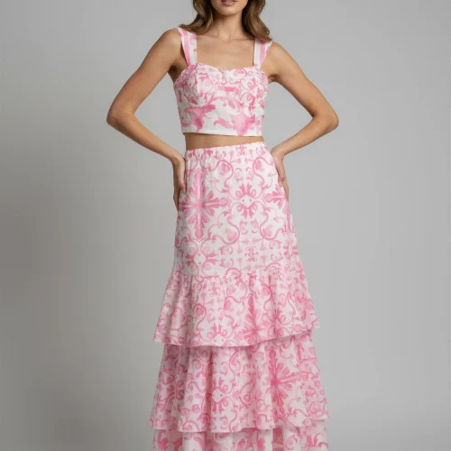 Σετ Ροζ Crop Top & Μάξι Φούστα με Βολάν και Baroque Σχέδιο