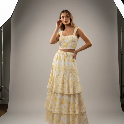 Σετ Κίτρινο Crop Top & Μάξι Φούστα με Βολάν και Baroque Σχέδιο