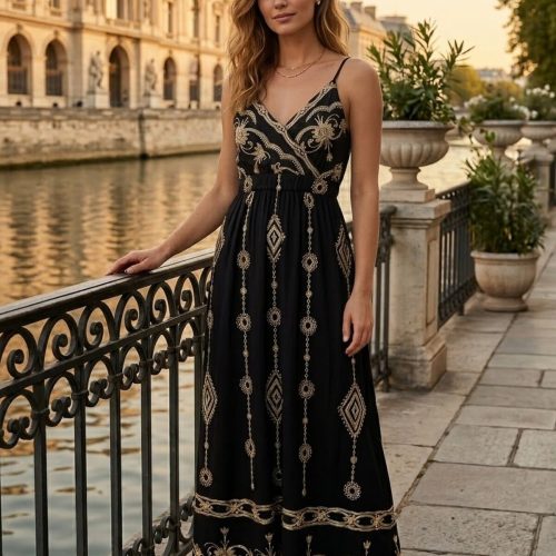 Βοho Maxi Mαύρο Φόρεμα με Xρυσά Κεντήματα