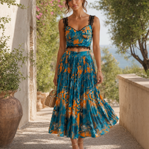 Τropical Πετρόλ Σετ Bustier & Πλισέ Midi Φούστα