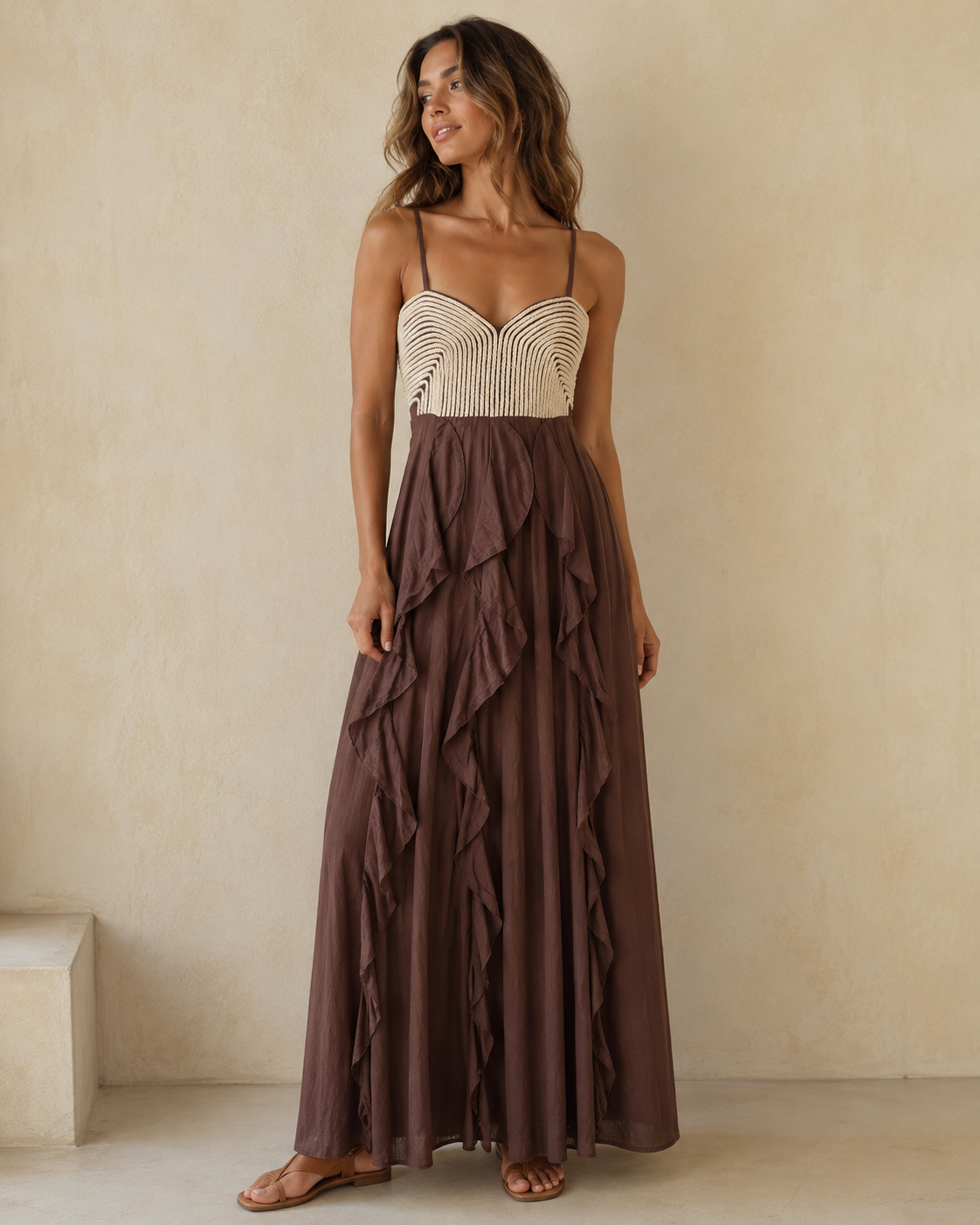 Boho Kαφέ Maxi Φόρεμα με Βολάν