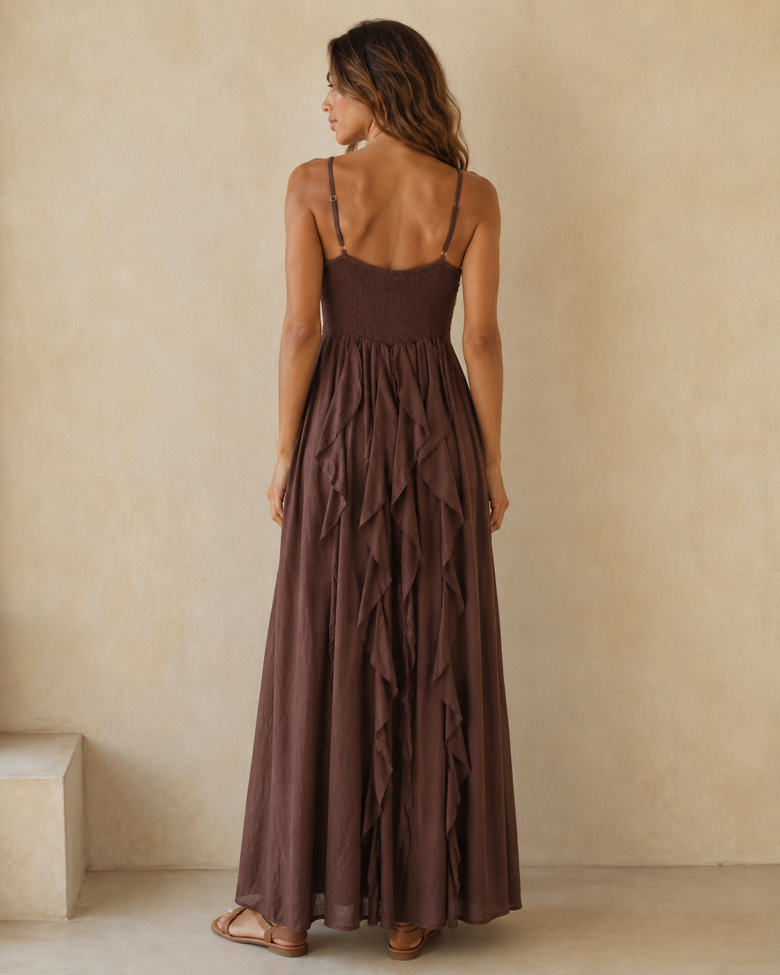 Boho Kαφέ Maxi Φόρεμα με Βολάν - Image 2