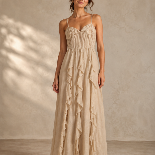Boho Μπεζ Maxi Φόρεμα με Βολάν